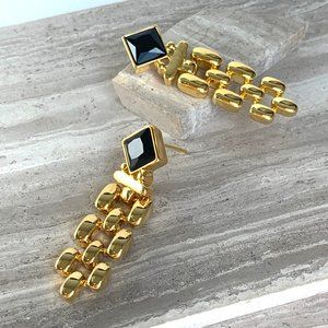 NEW ~ Anthropologie Gold-Plated Stone Watch Band Chain-Drop Earrings
